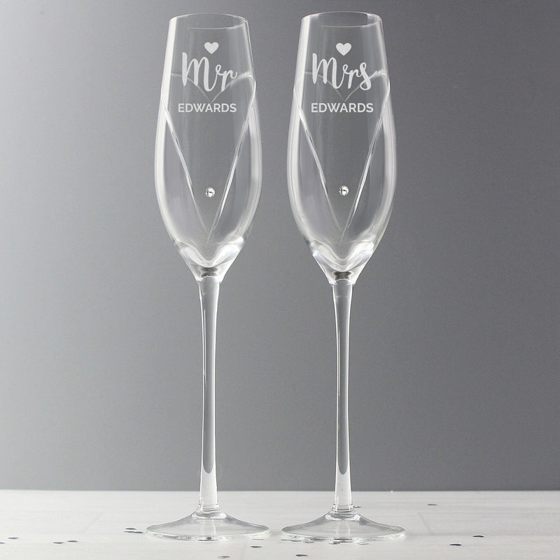 Personalised Hand Cut Mr & Mrs Pair of Flutes Glasses with Swarovski Elements in Gift Box