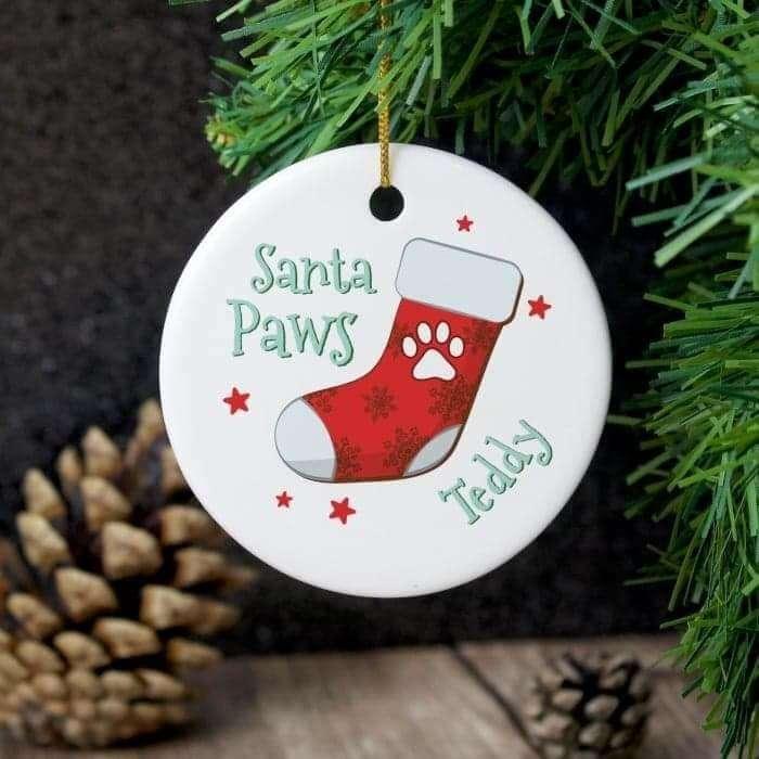 Personalised Santa Paws Round Ceramic Decoration - Myhappymoments.co.uk
