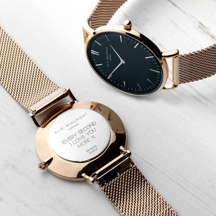 Elie Beaumont Personalised Ladies Rose Gold Mesh Strapped Watch With Black Dial