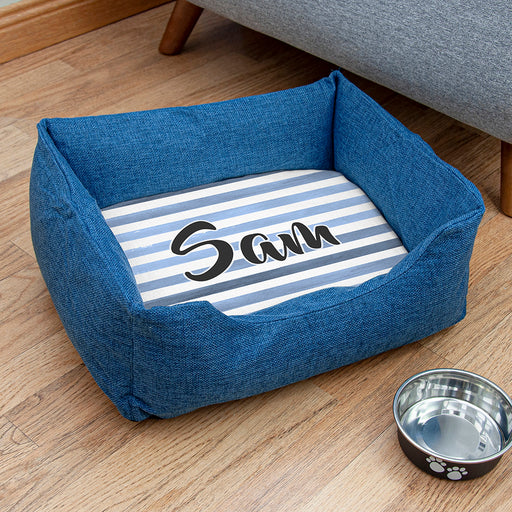 Personalised Blue Comfort Dog Bed with Blue Striped Design