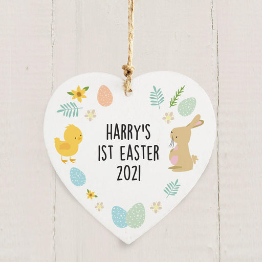 Personalised Easter Bunny & Chick Wooden Heart Decoration