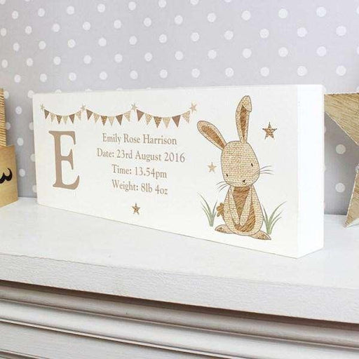 Personalised Hessian Rabbit Wooden Block Sign - Myhappymoments.co.uk