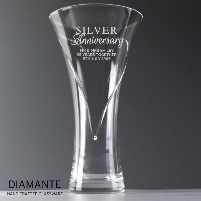 Engraved Silver Anniversary Large Hand Cut Diamante Heart Vase