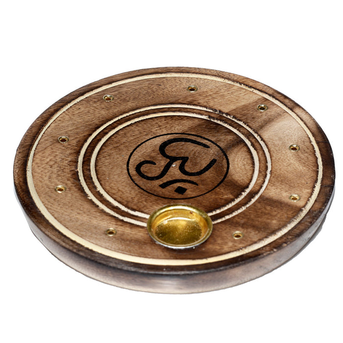 Mango Wood Round Om Ashcatcher Incense Sticks & Cones Burner