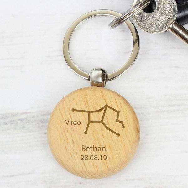 Personalised Virgo Zodiac Star Sign Wooden Keyring (August 23rd - September 22nd) - Myhappymoments.co.uk