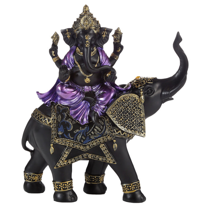Purple, Gold and Black Ganesh Riding Elephant Statue