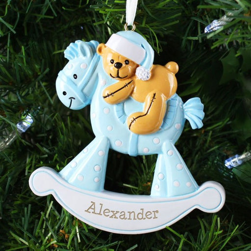 Personalised Blue Rocking Horse Resin Christmas Tree Decoration - Myhappymoments.co.uk