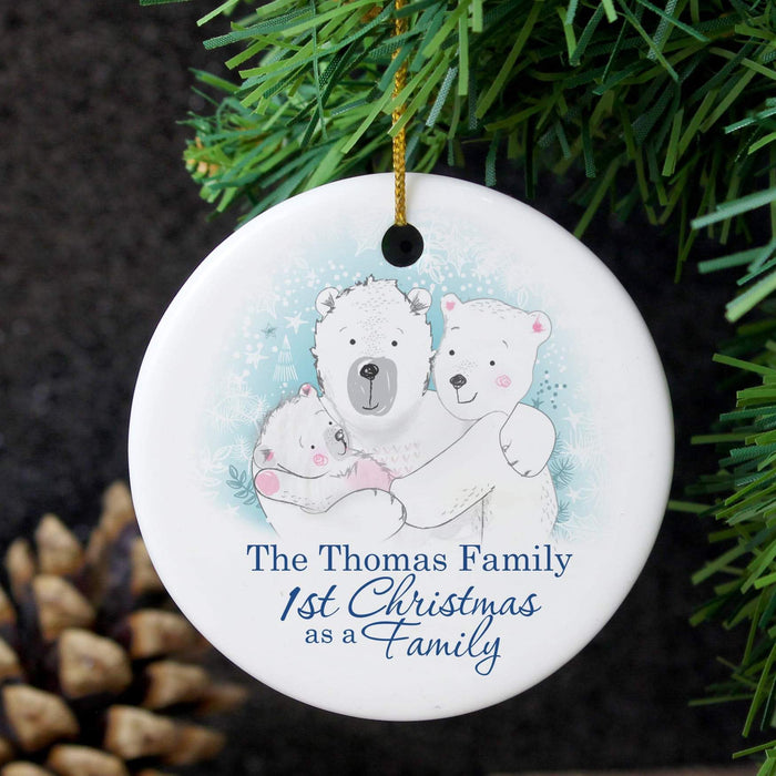 Personalised Polar Bear 1st Christmas As A Family Round Ceramic Decoration