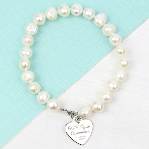 Personalised First Holy Communion Swirls & Hearts White Freshwater Pearl Bracelet