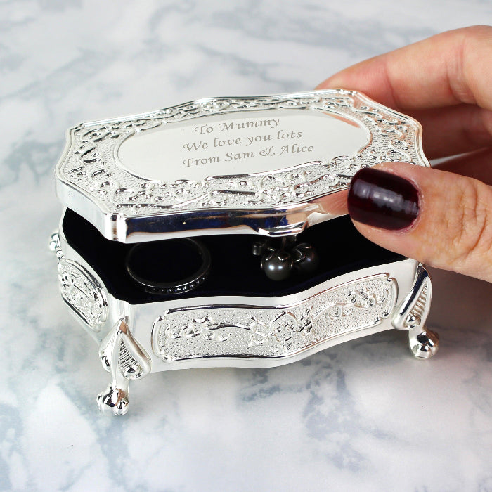 Engraved Silver Finish Small Antique Trinket Box