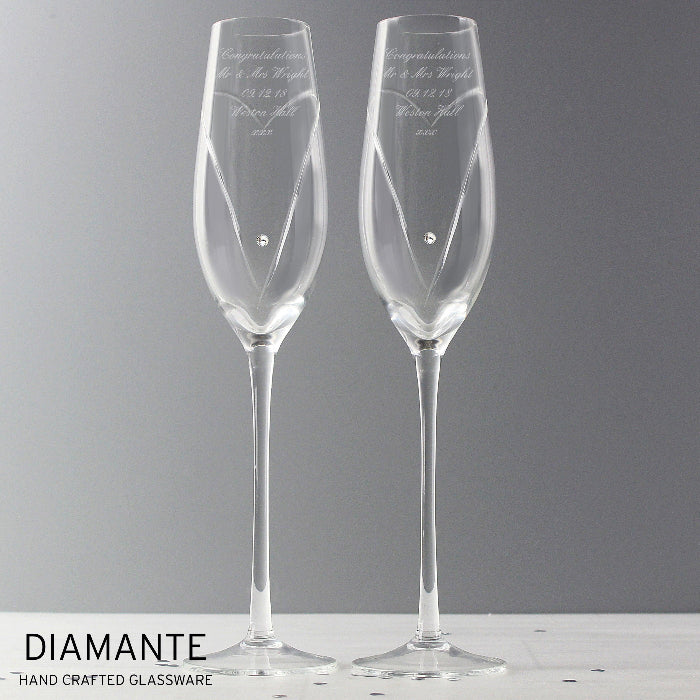 Personalised Crystal Heart Wedding Champagne Flute Glasses