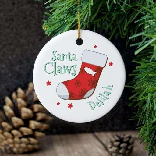 Personalised Santa Claws Round Ceramic Decoration - Myhappymoments.co.uk