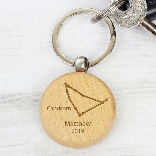 Personalised Capricorn Zodiac Star Sign Wooden Keyring (December 22nd - 19th January) - Myhappymoments.co.uk
