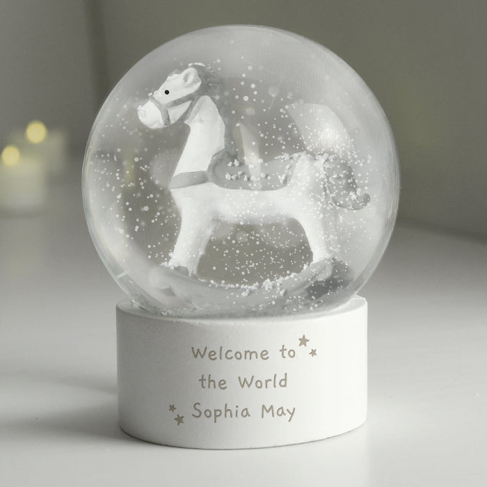 Personalised Rocking Horse Glitter Snow Globe - First Christmas & Christening Gift