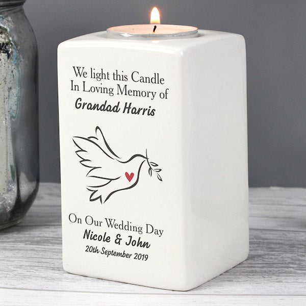 Personalised In Loving Memory On Our Wedding Day Dove Ceramic Tea Light Candle Holder from Pukkagifts.uk
