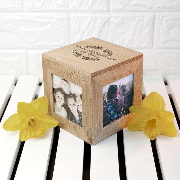 Personalised Happy Mothers Day Photo Box Cube Oak - Myhappymoments.co.uk