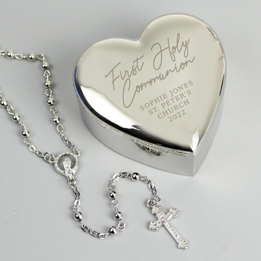 Personalised First Holy Communion Rosary Beads & Cross Heart Trinket Box