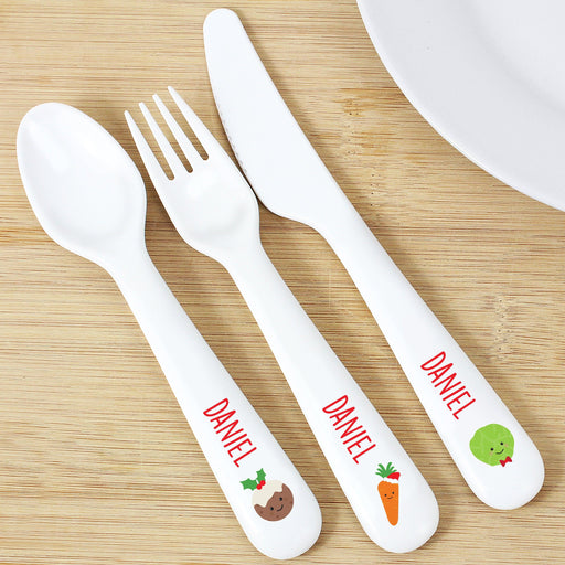 Personalised 'First Christmas Dinner' 3 Piece Plastic Cutlery Set
