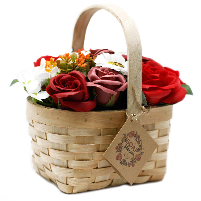 Red Soap Flower Bouquet in Wicker Basket