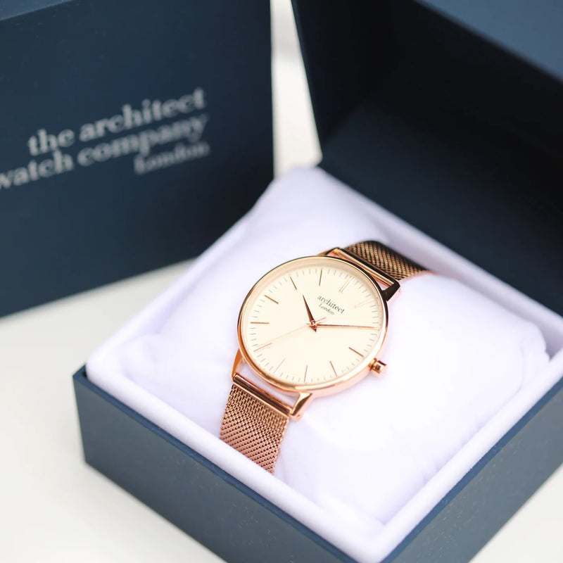 Handwriting Engraving Ladies Architect Blanc Watch With Rose Gold Mesh Strap