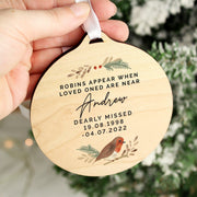 Personalised Robin Memorial Round Wooden Christmas Decoration