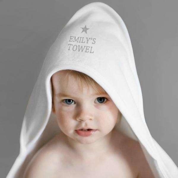 Personalised Silver Star Baby White Hooded Towel - Myhappymoments.co.uk