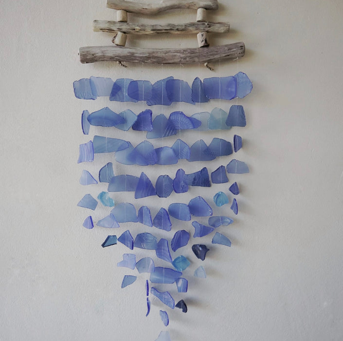 Three Stick Recycled Glass Driftwood Wind Chime - All Blues