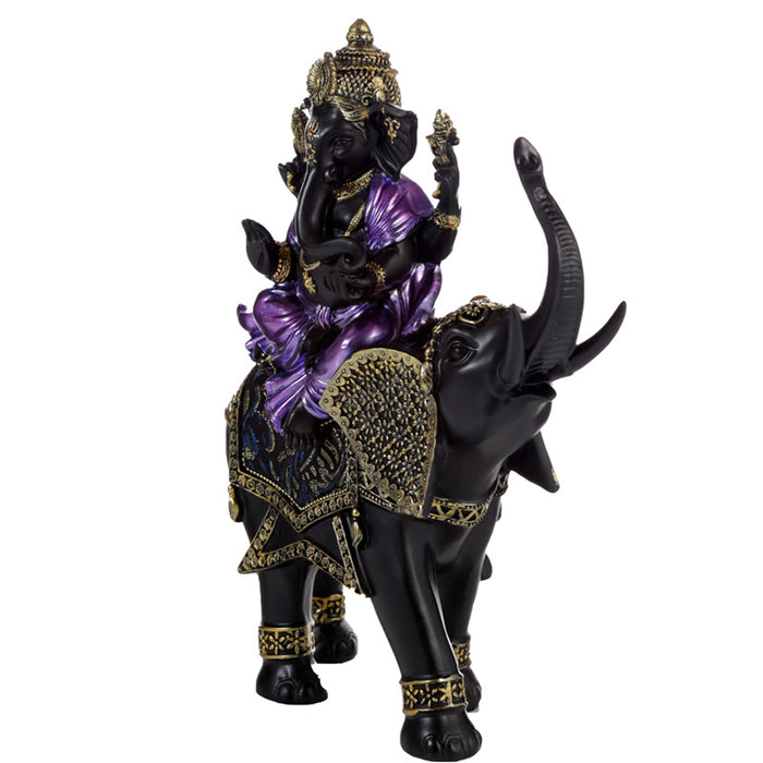 Purple, Gold and Black Ganesh Riding Elephant Statue