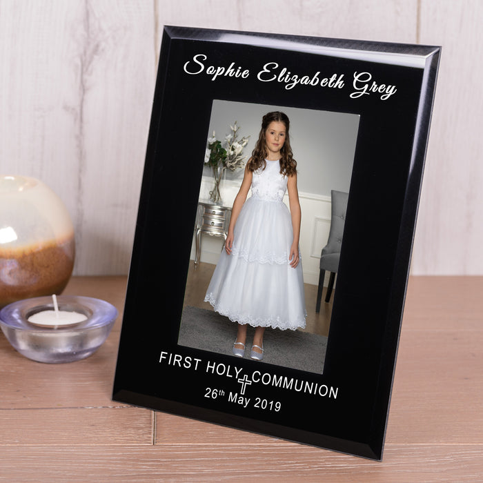 Personalised First Holy Communion Black Glass Photo Frame 6x4 - Myhappymoments.co.uk