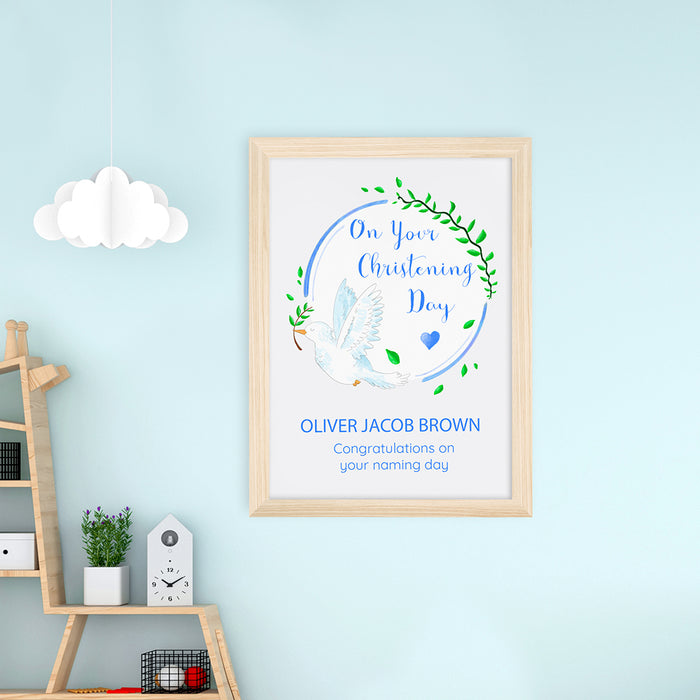 Personalised On Your Christening Day Dove Natural Framed Print