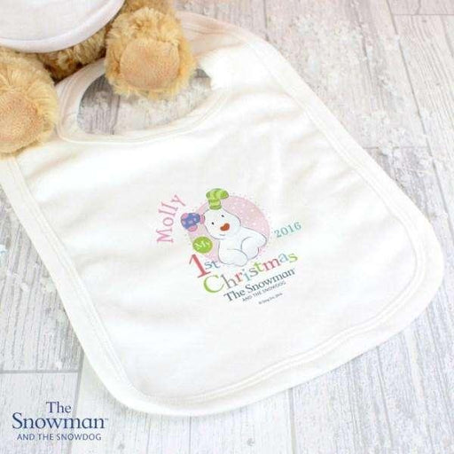 Personalised The Snowman and The Snowdog My 1st Christmas Pink Baby Bib - Myhappymoments.co.uk