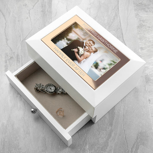 Personalised Rose Gold White Photo Frame Jewellery Chest Box - Myhappymoments.co.uk