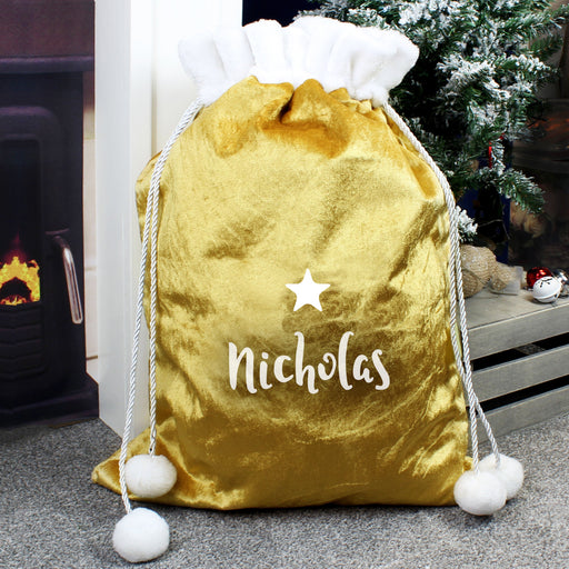 Personalised Name Only Gold Luxury Pom Pom Christmas Sack
