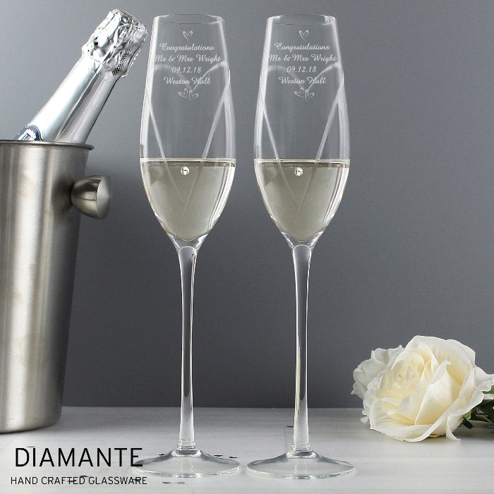 Personalised Wedding Champagne Flutes with Crystal Elements Glasses