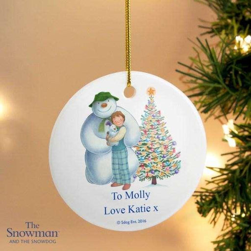Personalised The Snowman and the Snowdog Friends Round Ceramic Decoration - Myhappymoments.co.uk