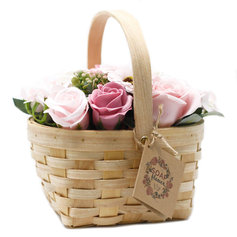 Pink Soap Flower Bouquet in Wicker Basket