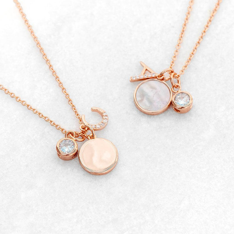 Rose Gold Initial Necklace with Mother of Pearl and Crystal Charms