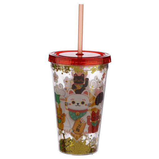 Maneki Neko Lucky Cat BPA Free PVC 500ml Double Walled Reusable Cup with Straw and Lid