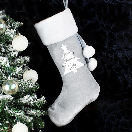 Personalised Christmas Tree Luxury Silver Grey Christmas Stocking
