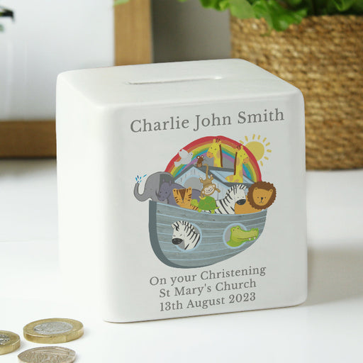Personalised Noahs Ark Christening Ceramic Square Money Box
