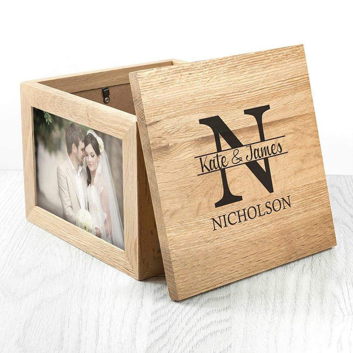Personalised Oak Photo Keepsake Box with Couple Monogram - Myhappymoments.co.uk