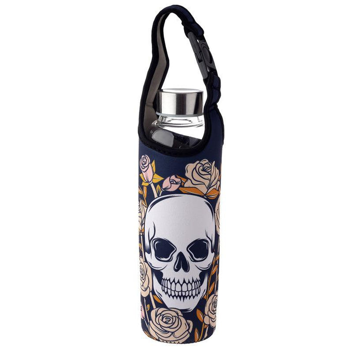 Skulls & Roses Reusable Glass Water Bottle with Protective Neoprene Sleeve with Strap
