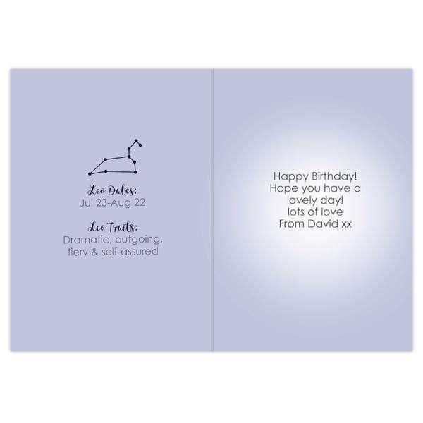 Personalised Leo Zodiac Star Sign Birthday Card (July 23rd - August 22nd) - Myhappymoments.co.uk