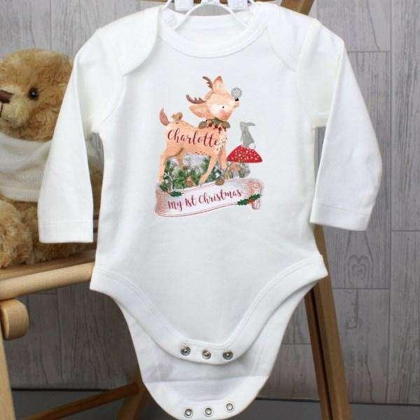 Personalised Christmas Fawn Long Sleeved Baby Vest - Myhappymoments.co.uk