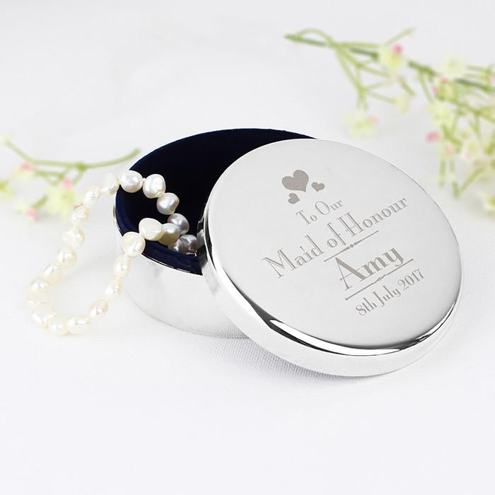 Personalised Decorative Wedding Maid of Honour Round Trinket Box - Myhappymoments.co.uk