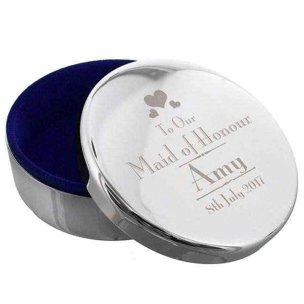 Personalised Decorative Wedding Maid of Honour Round Trinket Box - Myhappymoments.co.uk
