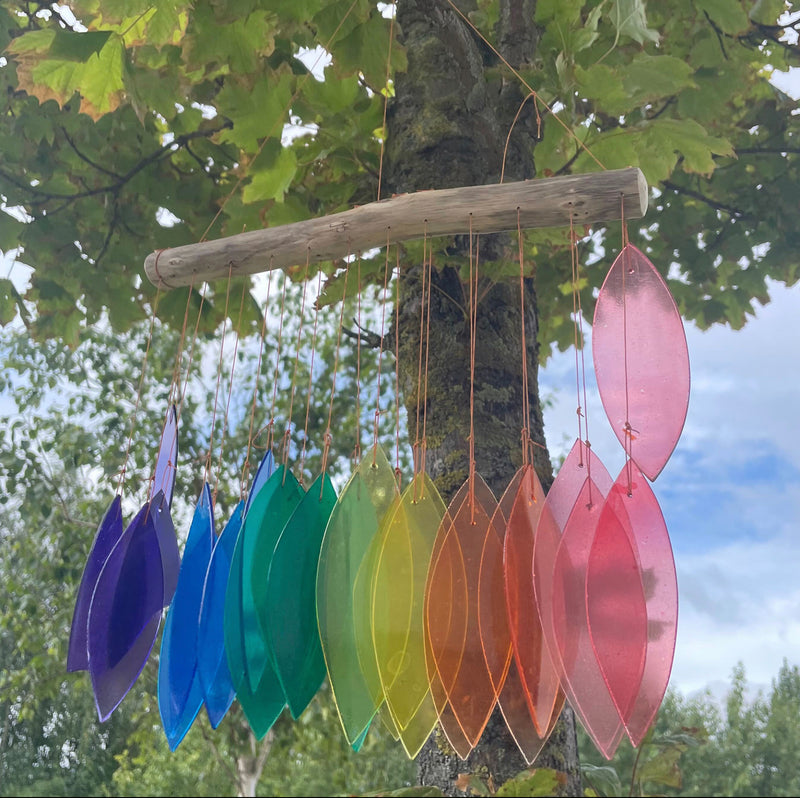 Rainbow Leaf Recycled Glass Driftwood Wind Chime