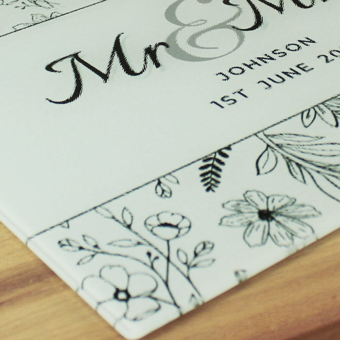 Personalised Mr & Mrs Wedding Botanical Glass Chopping Board