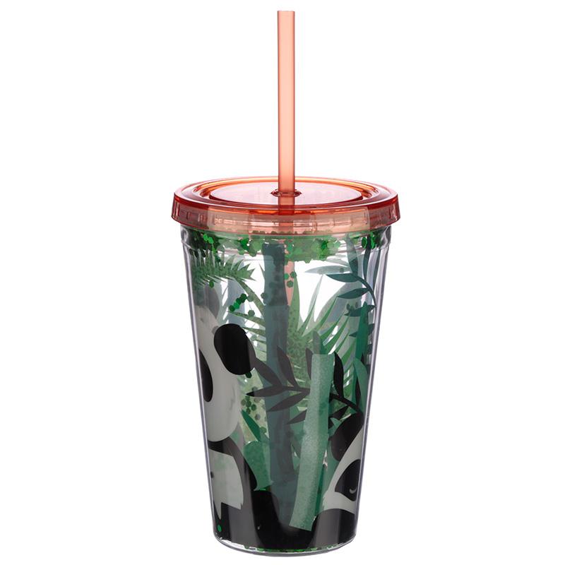 Panda Design Glitter Double Walled Cup with Lid and Straw