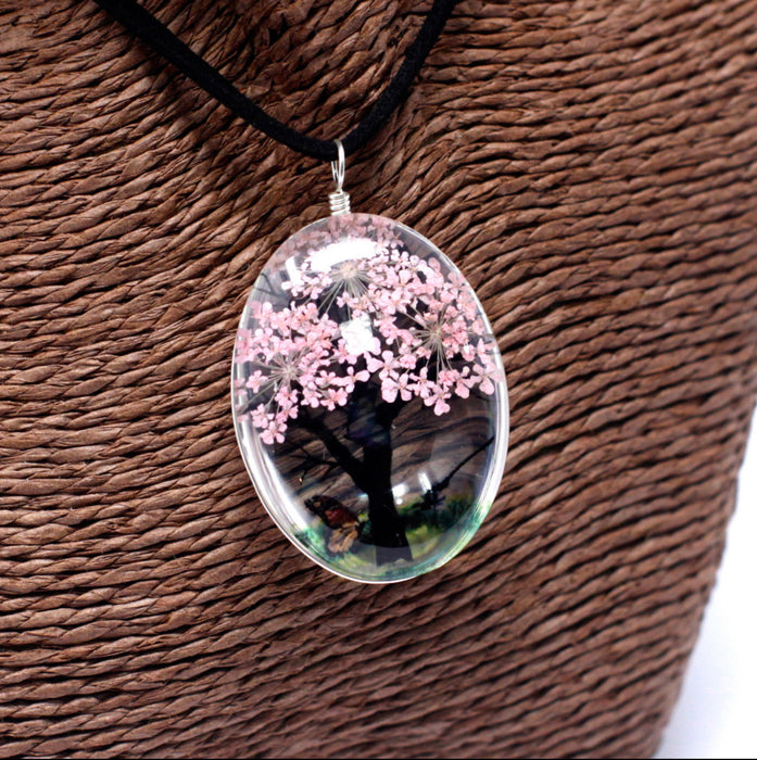 Pressed Flowers Jewellery Set - Tree of Life - Pink